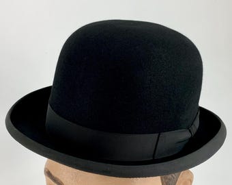 Vintage 50s - 60s Black Wool Derby Bowler Hat Ribbon Bow  display picture 1