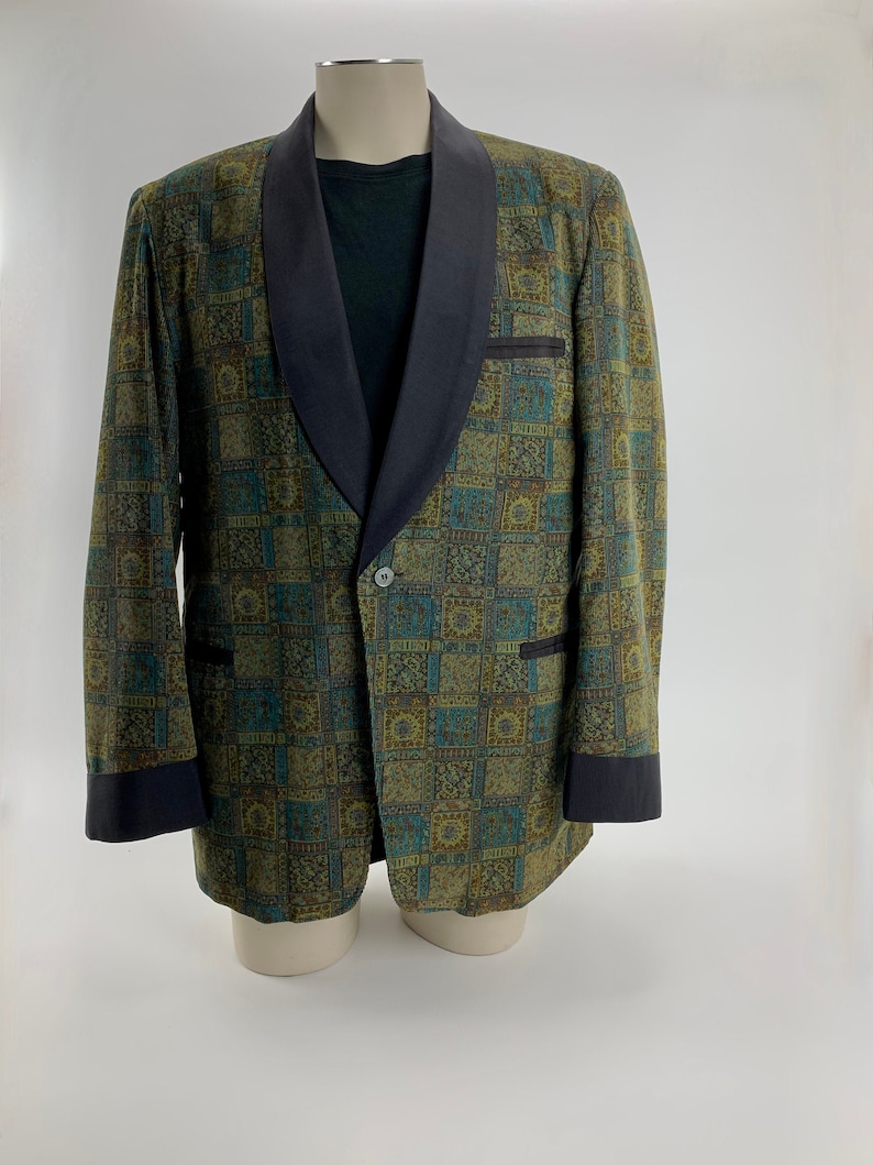 1960'S TUXEDO JACKET Printed Cotton Corduroy Black Shawl Collar Satin Lined Tailored by Rabhor Men's Size Large image 1