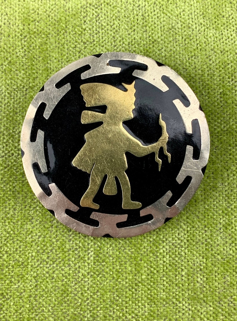 1940's-50's Aztec Warrior Brooch Black Resin with Silver Inlay Locking Clasp Large 2-1/4 Inch Diameter Handmade in Alpaca, Mexico image 1