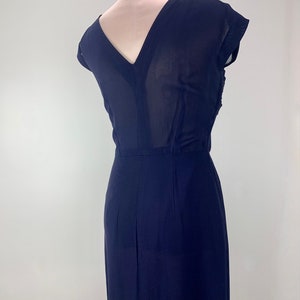 1950's Wiggle Dress Empire Waist Navy Rayon Fabric Interesting Deep V Neckline Size Medium image 7