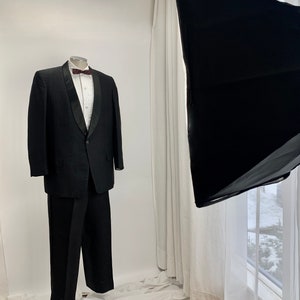 1950&#39;S-60&#39;s 2 Piece Tuxedo - Black Satin Shawl Collar - Hubert White -  Double Pleated Wide Legged Baggies - Men&#39;s Size Large 42 Long
