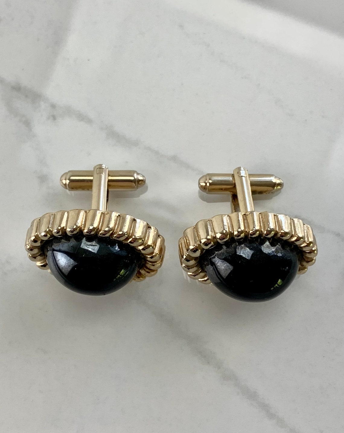 1960'S Cuff Link Set - Oval Black Glass Stones Set in a Decorative ...