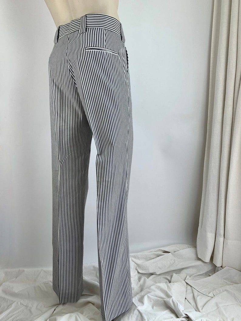 1970'S Striped Seersucker Trousers Gray & White Wide Waistband and Wide Belt Loops 36 Inch Waist DeadStock image 1