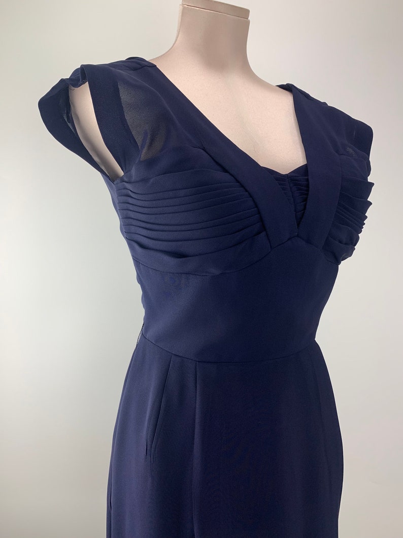 1950's Wiggle Dress Empire Waist Navy Rayon Fabric Interesting Deep V Neckline Size Medium image 4