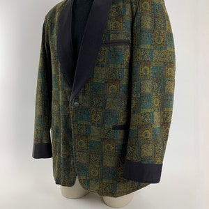 1960'S TUXEDO JACKET Printed Cotton Corduroy Black Shawl Collar Satin Lined Tailored by Rabhor Men's Size Large image 3