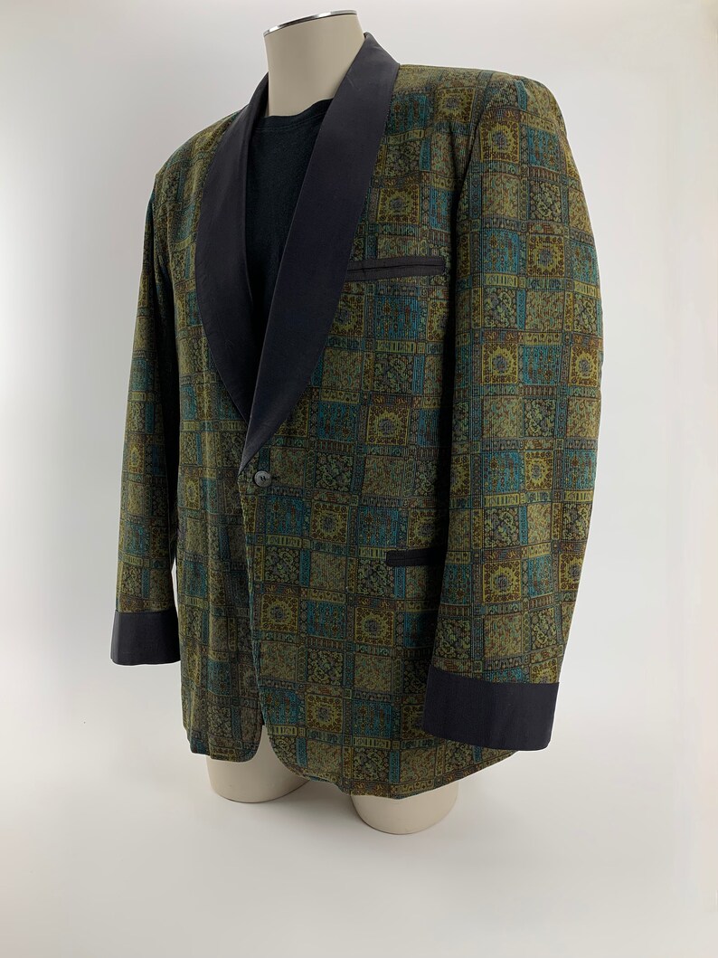 1960'S TUXEDO JACKET Printed Cotton Corduroy Black Shawl Collar Satin Lined Tailored by Rabhor Men's Size Large image 3