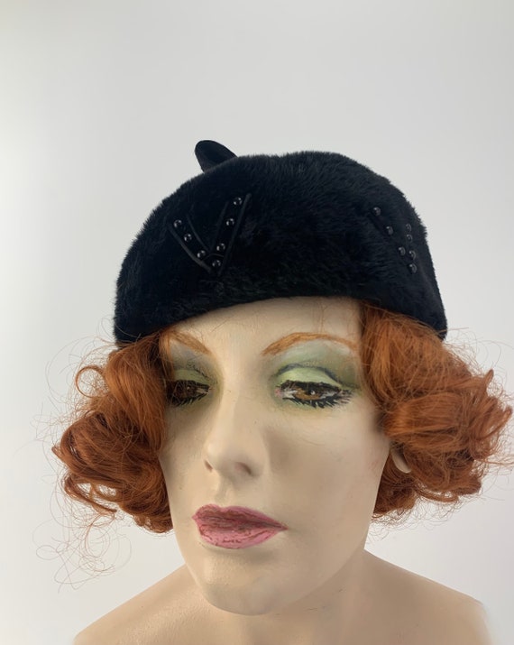 1950-60'S Fur Felt Hat - Beanie Tam - Long Black … - image 3