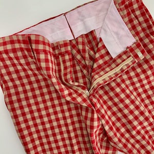 1970'S Plaid Slacks Wild Mod Styling Wide Stovepipe Legs Red & Biege Plaid Check Wide Cuffs 35 Inch Waist image 3