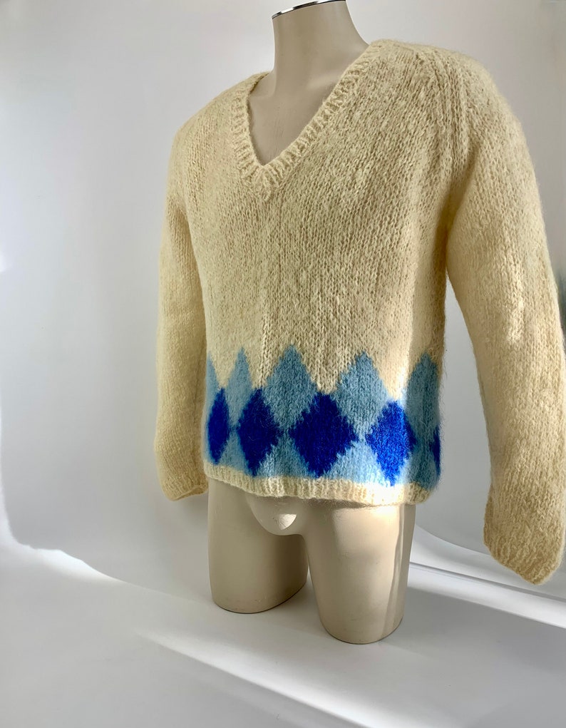 1950's-60's MOHAIR V Neck Sweater BRENT Label Two Tone Blue Argyle Diamonds Made in ITALY Men's Size Large image 5