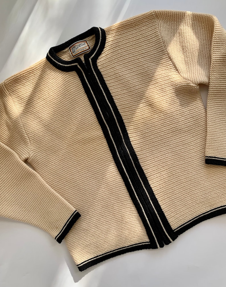 1950'S-60'S MOD Zip Cardigan BRENTWOOD SPORTSWEAR Heavy Territory Wool Butter Cream Body with Black Details Men's Medium to Large image 2