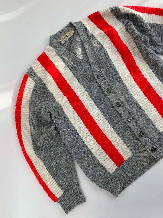 1960's MOD Striped Cardigan - Gray Body with Whit… - image 8