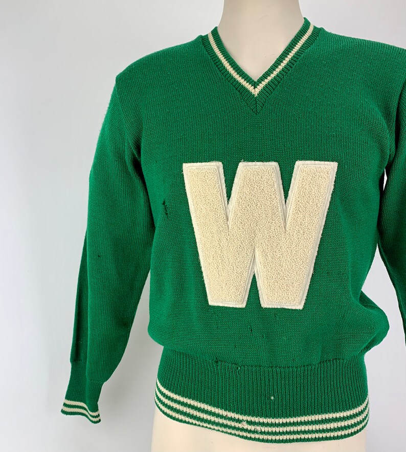 1965 Varsity Lettermans Sweater Embroidered W Patch V-Neck Pullover All Worsted Wool Men's Size Medium image 6
