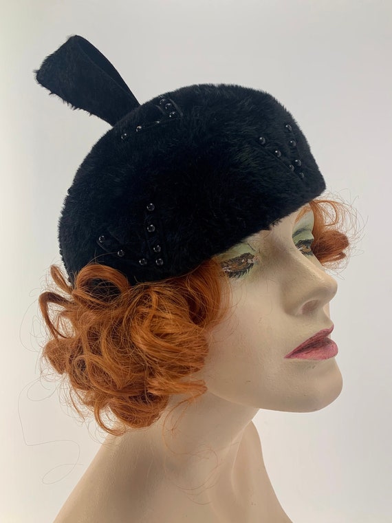 1950-60'S Fur Felt Hat - Beanie Tam - Long Black … - image 1