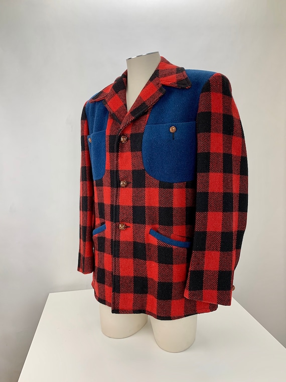 1950'S Vintage Hunting Jacket - Wool Plaid With Blue Contrasting