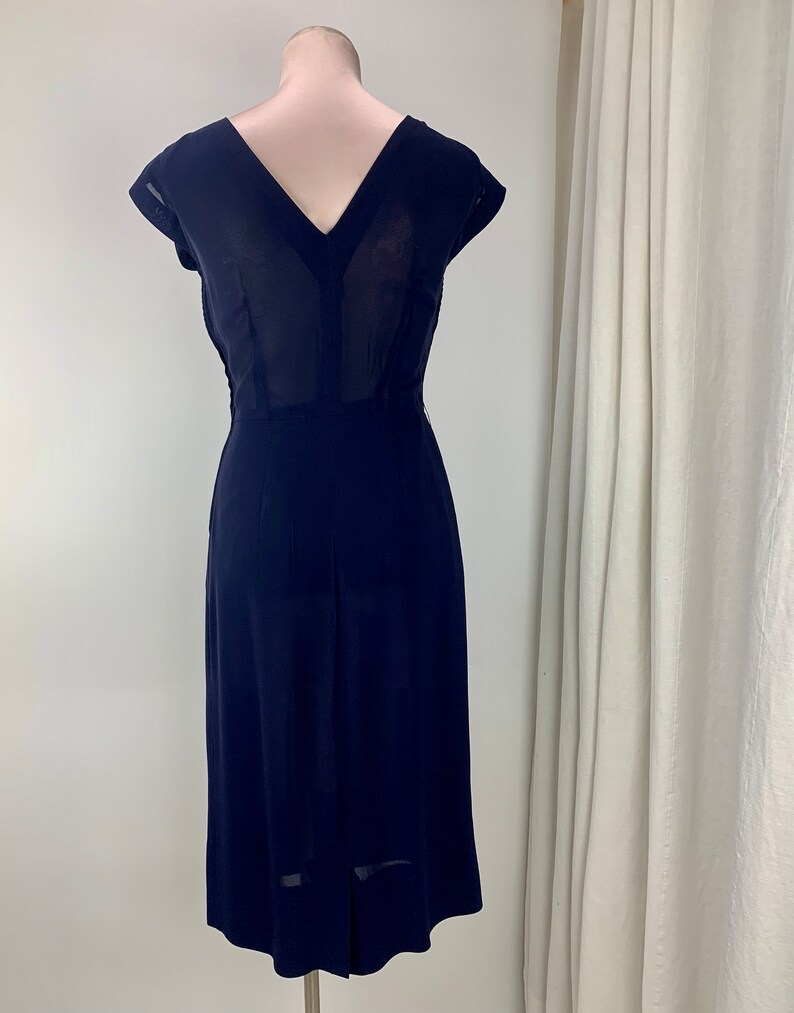 1950's Wiggle Dress Empire Waist Navy Rayon Fabric Interesting Deep V Neckline Size Medium image 6