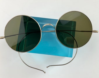 1900's-1920's Wire Rim Sunglasses - WILLSON Maker - Original Smokey Green Glass Lenses  - Round Lenses - Unisex Style