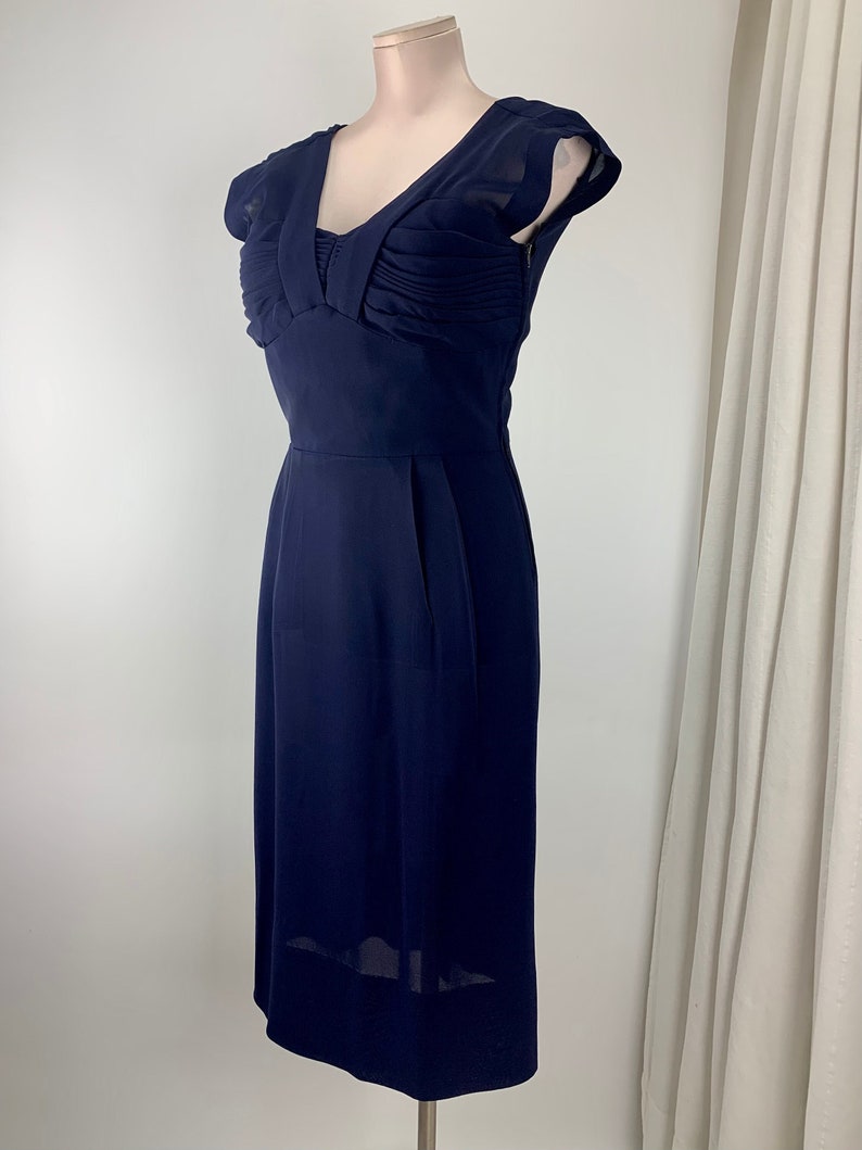 1950's Wiggle Dress Empire Waist Navy Rayon Fabric Interesting Deep V Neckline Size Medium image 1