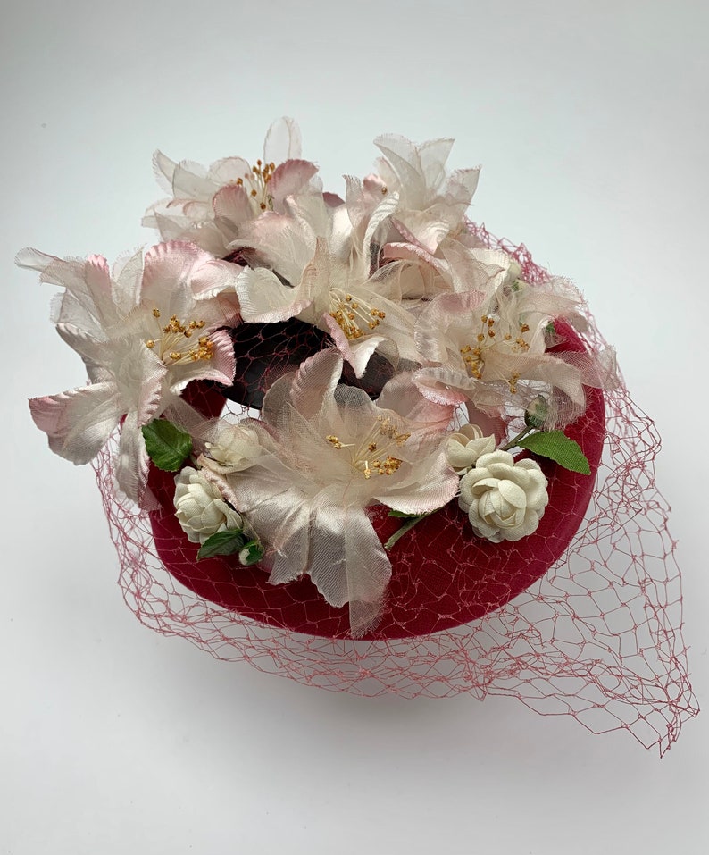 1960'S Pill Box Hat Pink Velvet with White Delicate Silk Flowers Lovely Details Netted Veil image 1