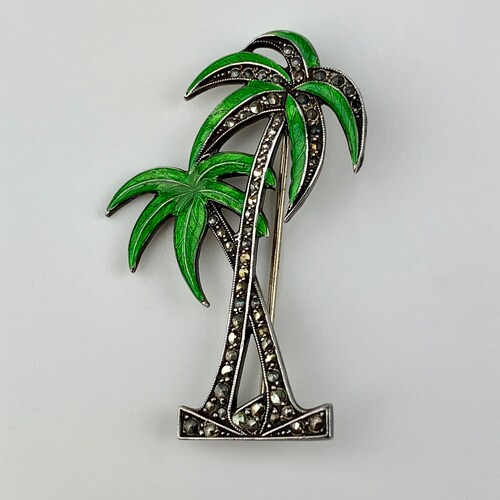 Vintage sale Palm Tree Brooch - Sterling Silver - Green Enamel with Glistening Marcasites - Made in USA - Locking Clasp