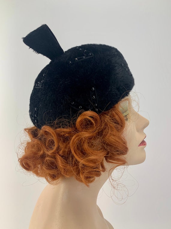 1950-60'S Fur Felt Hat - Beanie Tam - Long Black … - image 5