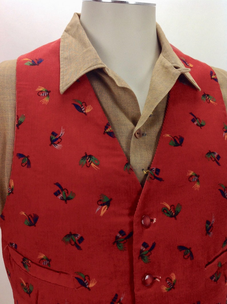 1950'S-60'S Cotton Corduroy VEST Fishing Lure Pattern 4 Slash Pockets Satin Back Men's Size Large image 6