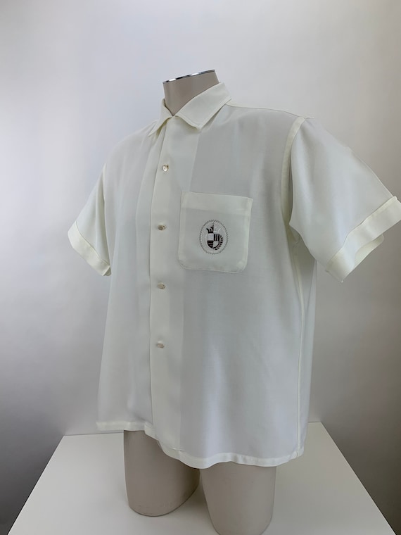 1950's Rayon Shirt - Embroidered Crest - Light Bu… - image 4