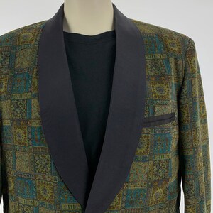 1960'S TUXEDO JACKET Printed Cotton Corduroy Black Shawl Collar Satin Lined Tailored by Rabhor Men's Size Large image 4