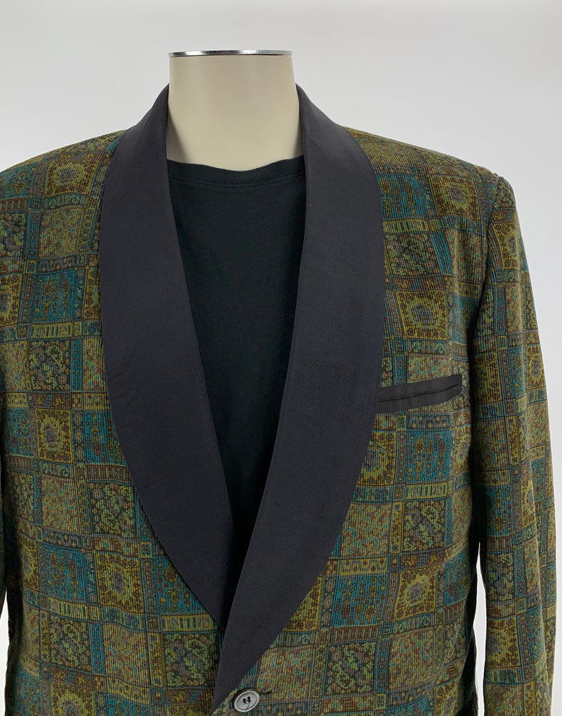 1960'S TUXEDO JACKET Printed Cotton Corduroy Black Shawl Collar Satin Lined Tailored by Rabhor Men's Size Large image 4