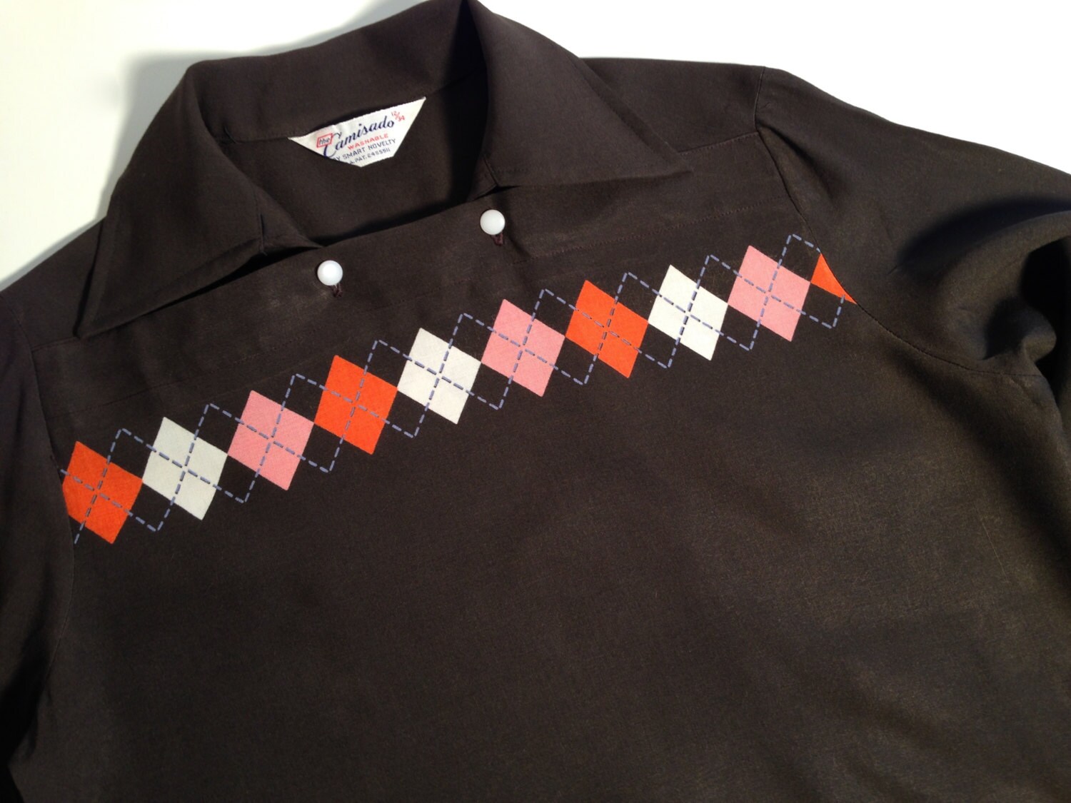 1950's Argyle Shirt - Rayon Pull-over - Chocolate, Pink