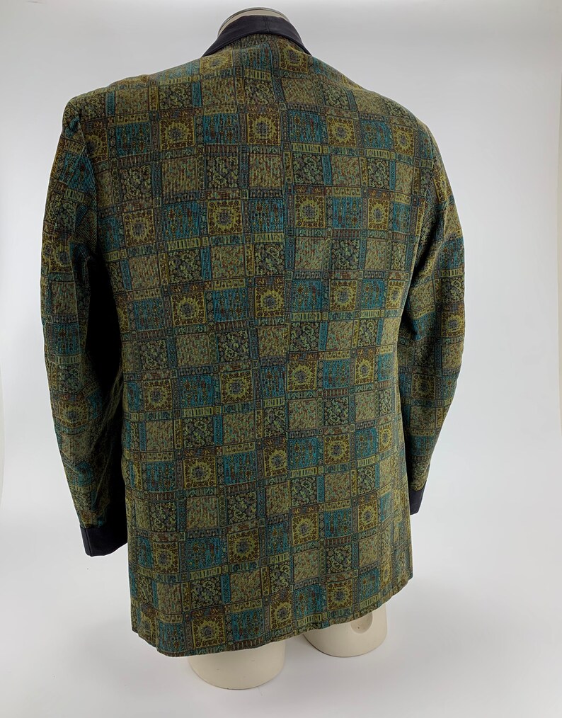 1960'S TUXEDO JACKET Printed Cotton Corduroy Black Shawl Collar Satin Lined Tailored by Rabhor Men's Size Large image 7