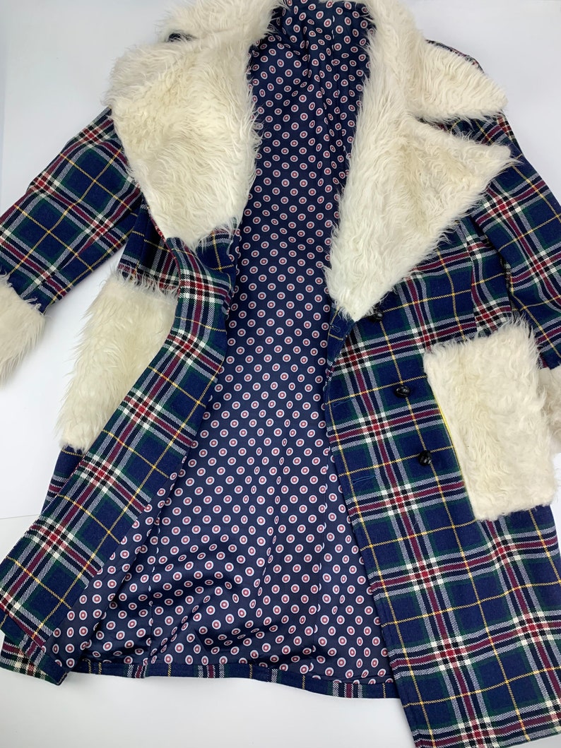 1970'S Pimp Jacket Faux Fur & Wool Plaid Austin Powers Style Fully Lined NOS Dead-Stock /Men's Size Large image 9