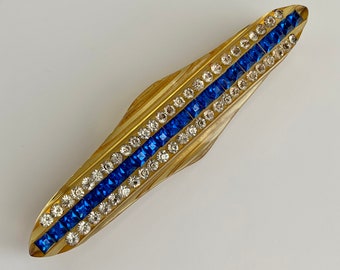 Vintage 1930'S ART DECO Bar Pin - Carved Lucite - Clear & Deep Vivid Blue Rhinestones - Authentic Vintage