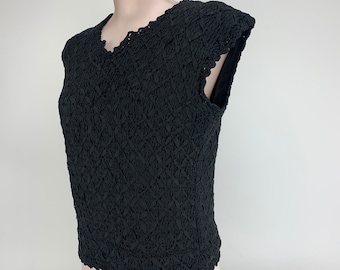 1960'S Sleeveless Top - Black Woven Ribbon Lace - Satin Lining - Zipper Back - Women's Size MEDIUM