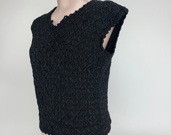1960'S Sleeveless Top - Black Woven Ribbon Lace - Satin Lining - Zipper Back - Women's Size MEDIUM