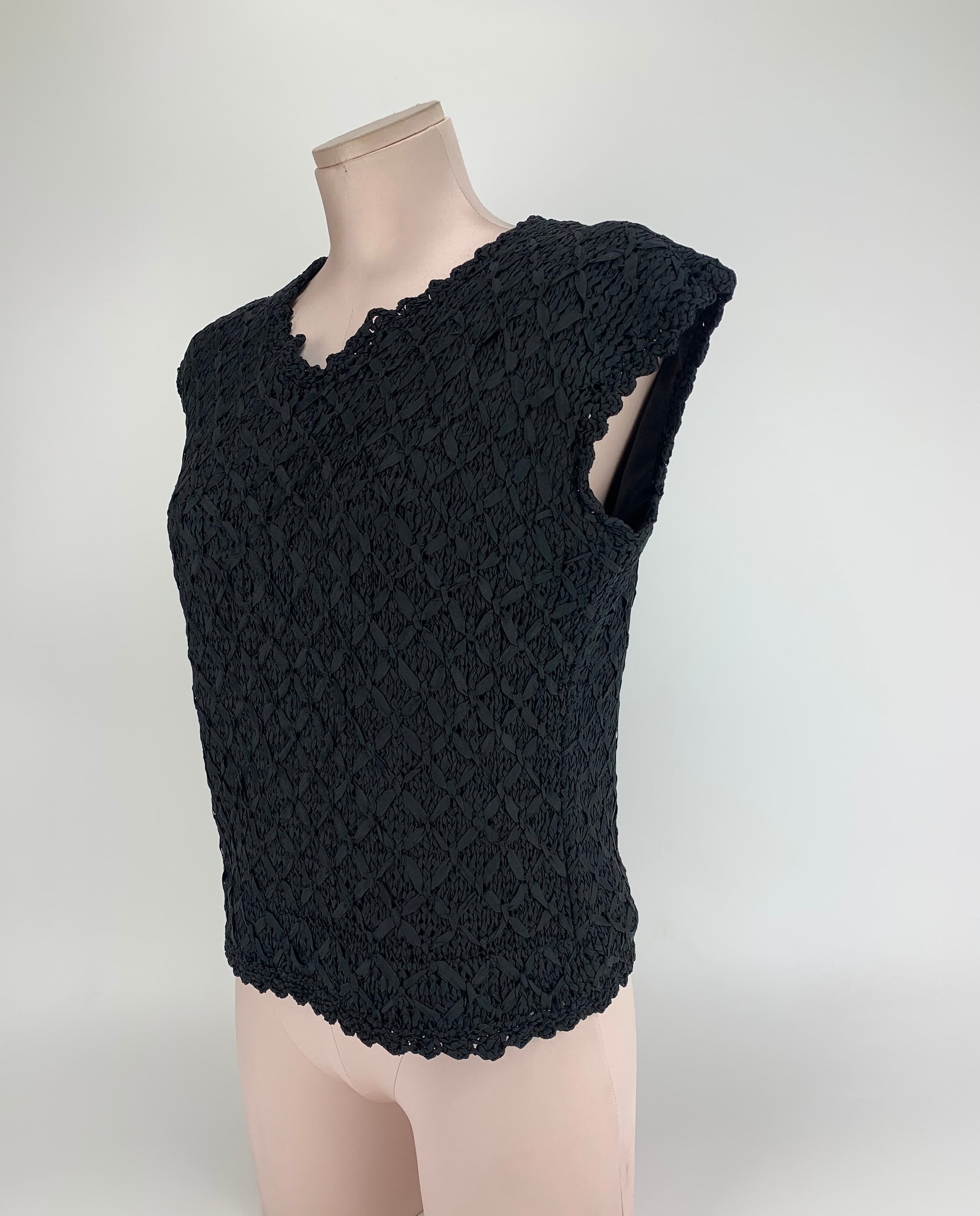 1960'S Sleeveless Top - Black Woven Ribbon Lace - Satin Lining - Zipper Back - Women's Size MEDIUM