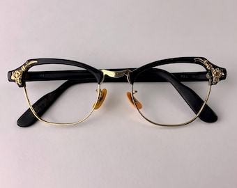 1940's-50's Vintage Brownline Eye Glasses - Bausch & Lomb - Black Plastic Frames with Cool Gold Filled Details - Optical Quality