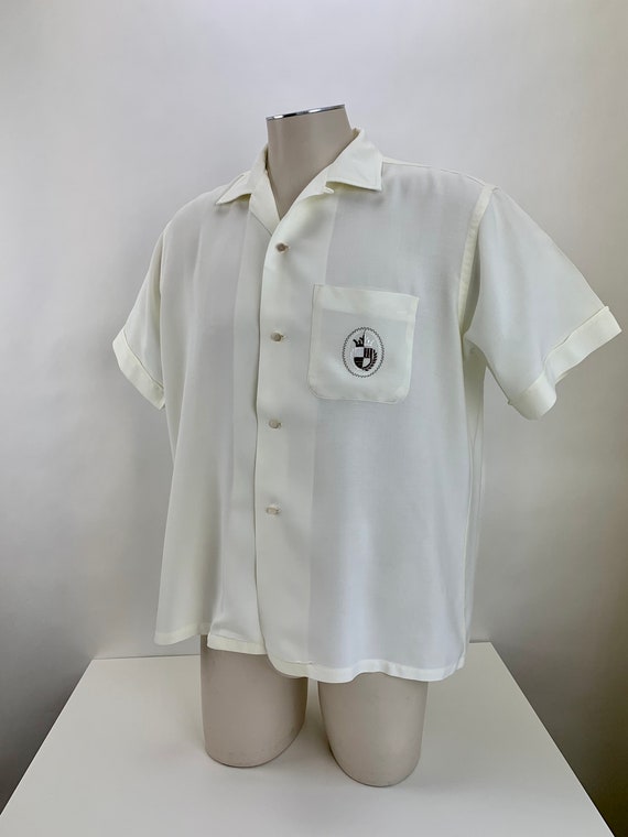 1950's Rayon Shirt - Embroidered Crest - Light Bu… - image 3