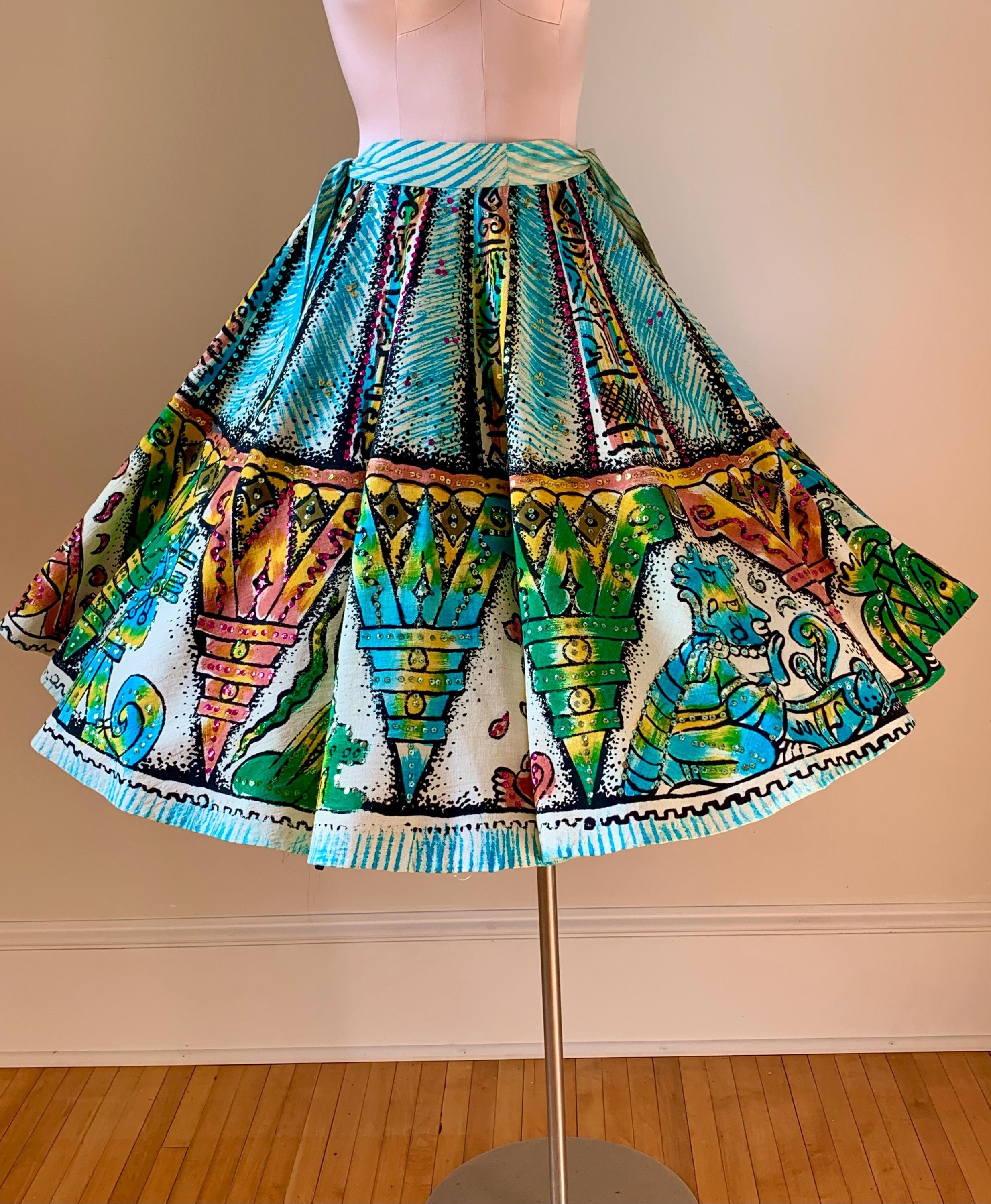 1940's-50's MEXICAN SKIRT - Hand Painted With Sequins