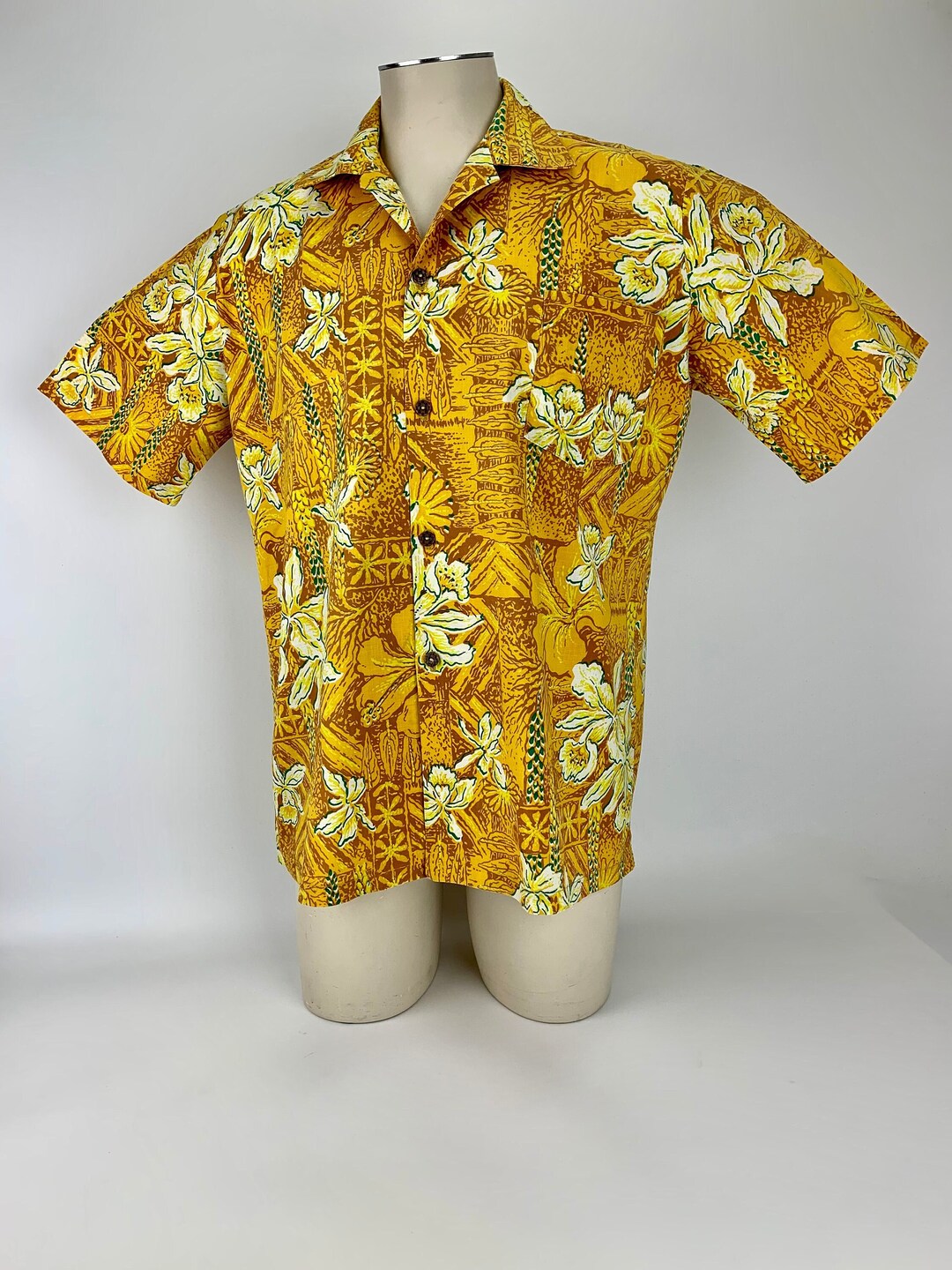 1960's Hawaiian Shirt - All Cotton Fabric - Golden Orange With