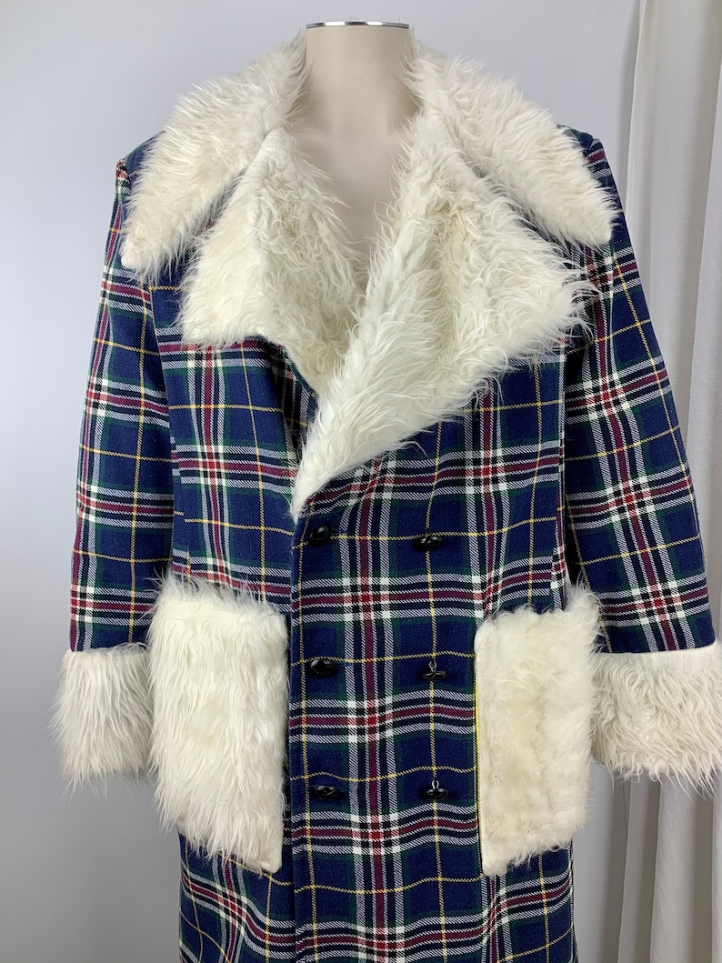 1970'S Pimp Jacket Faux Fur & Wool Plaid Austin Powers Style Fully Lined NOS Dead-Stock /Men's Size Large image 4