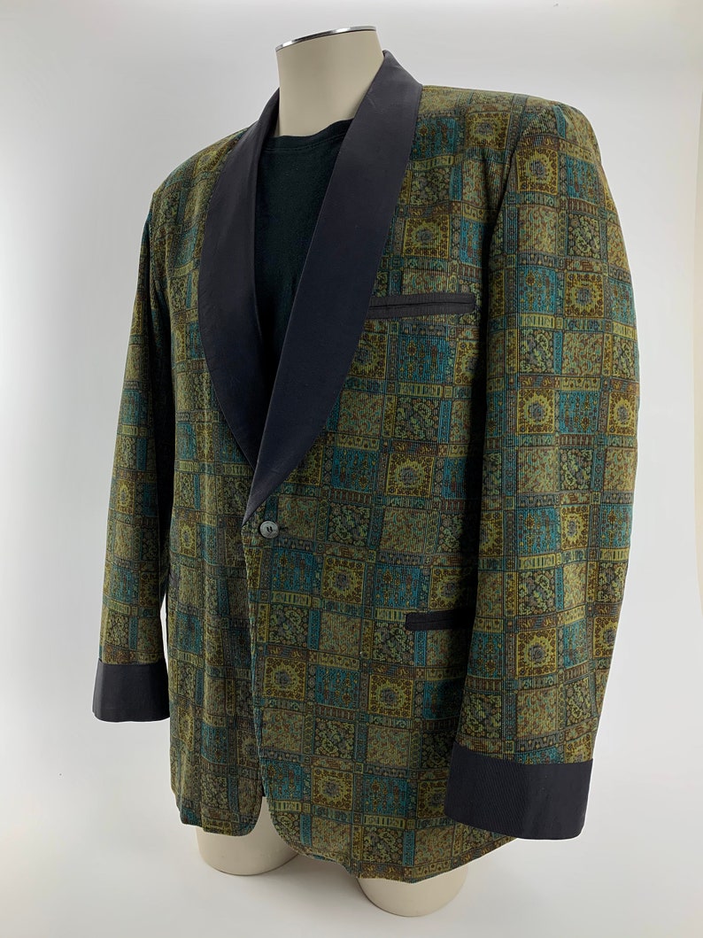 1960'S TUXEDO JACKET Printed Cotton Corduroy Black Shawl Collar Satin Lined Tailored by Rabhor Men's Size Large image 2