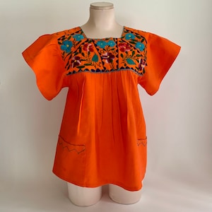 Orange Peasant Beatnik Blouse - Floral Hand Embroidery - 1970&#39;s Boho Bohemian Hippie - All Cotton - Beautiful colors - Size Medium