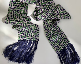 1970's X-Long MOD Scarf - Geometric Print in Green, White & Purple with Purplish- Blue Long Fringe - Rayon Blend - 4-3/4 inches x 80 inches