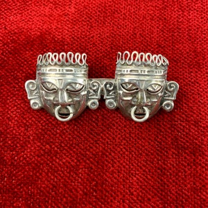 1940&#39;s Aztec Double Mask Brooch - Tribal Mayan Warriors - Sterling Silver - Locking Clasp - Handmade in Mexico