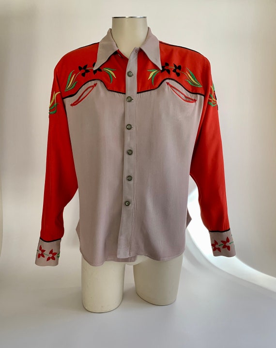 1930's-40's Western Gabardine Shirt Two-tone Chain Stitch