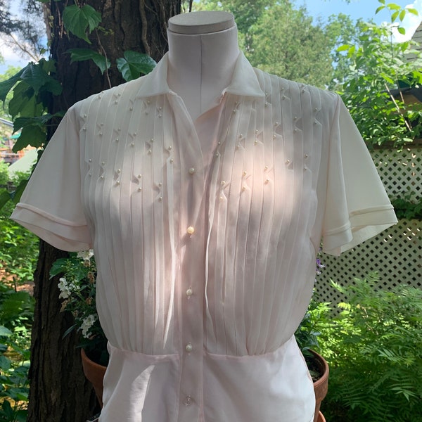 1950'S NYLON Blouse - Sheer See-Through Nylon Fabric - Ribbed Details with Pearls - Pearl Buttons  - Size Medium