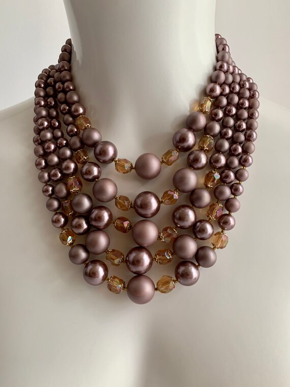 Vintage 1950'S Pearl Necklace - 5 Strands of Mauv… - image 2