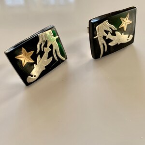 1950's Sea Life Cuff Link Set Inlay Images of Sharks, Star Fish & Seaweed Sterling Silver Set in Black Resin Handmade TAXCO Mexico image 7
