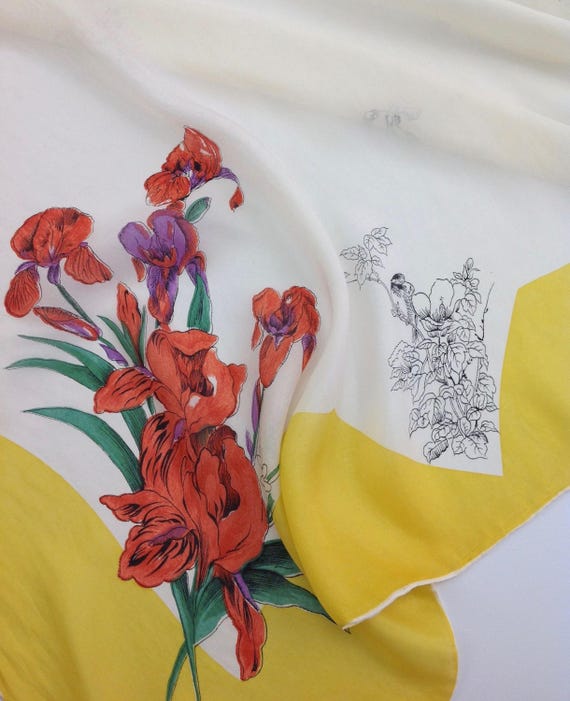 1950'S Floral Scarf -Bright Yellow - All Silk - I… - image 3