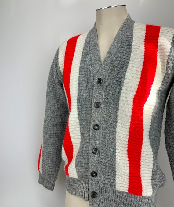1960's MOD Striped Cardigan - Gray Body with Whit… - image 3